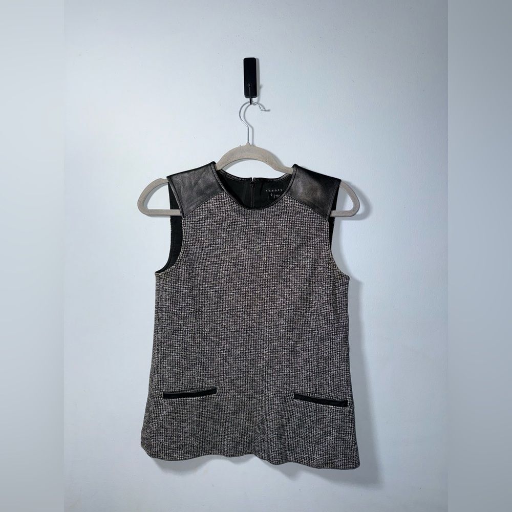 Theory Naeva Nanami Tweed Lamb wool Blend sleeveless fx Leather shoulder Top sm
